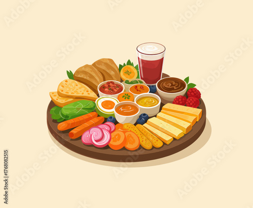 Colorful charcuterie board with cheeses fruits breads sauces drink, flat design