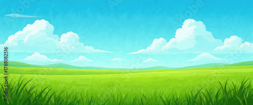 Colorful cartoon grass field under blue sky with fluffy clouds, peaceful landscape background