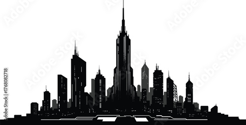 Futuristic modern city skyline silhouette with skyscrapers and towers, black urban architecture illustration for business, technology, construction, and design projects