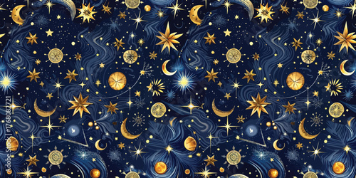 Celestial pattern featuring gold and blue stars, moons, and cosmic elements, perfect for dreamy designs.