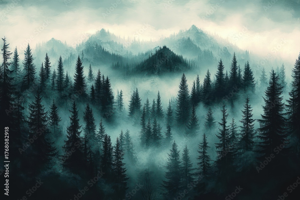 Fototapeta premium Misty dense forest with tall pine trees covering rolling mountain peaks under a cloudy sky, evoking a mysterious and tranquil atmosphere