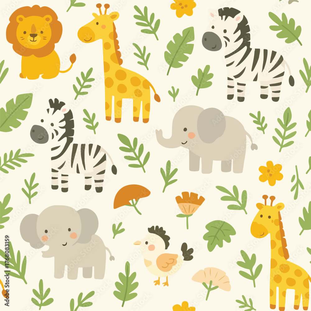 Obraz premium Children's Jungle Animal Vector Pattern with Playful Elephants Giraffes Zebras and Birds in Organic Style