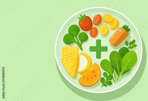 Colorful flat vector plate with healthy vegetables and a green plus sign isolated