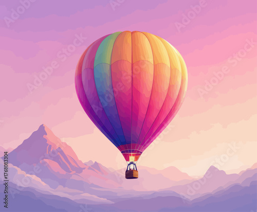 Colorful hot air balloon floating over mountain landscape at sunset