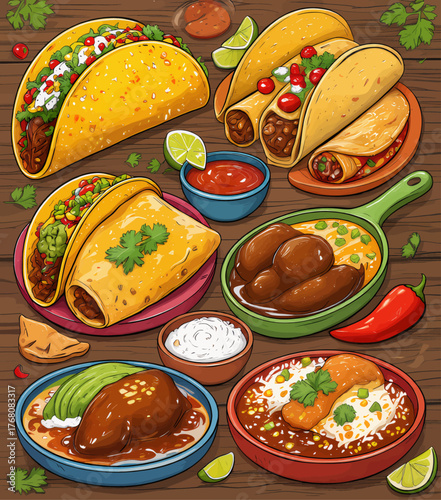 Colorful Mexican food spread with tacos and sauces on wooden table