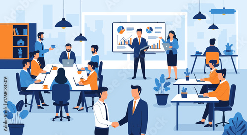 Vibrant Modern Office Environment Showcasing Business Collaboration, Teamwork, and Productive Workplace Dynamics