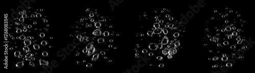 Collection of realistic air bubbles rising underwater isolated on black background, ideal for beverage advertising, aqua design, or digital compositing projects. Perfect for freshness and concepts.