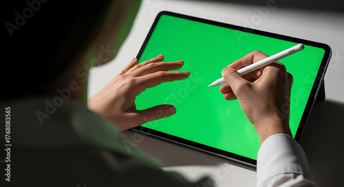 Person from behind using a digital tablet with a green screen and stylus for creative work or study.
