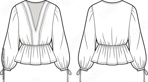 Women's blouse technical sketch, deep V-neck peplum top, puff sleeve fashion CAD drawing, flat vector apparel illustration template