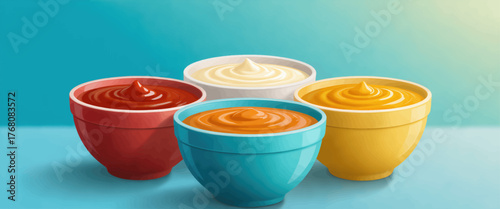 Colorful sauce bowls with swirled toppings, vibrant vector illustration isolated