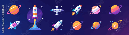 Colorful space rocket and planet icons, cartoon sci-fi universe elements