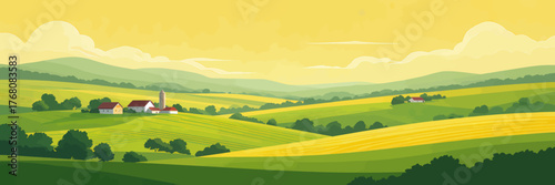 Colorful rural landscape with rolling hills and farmhouses, flat vector art