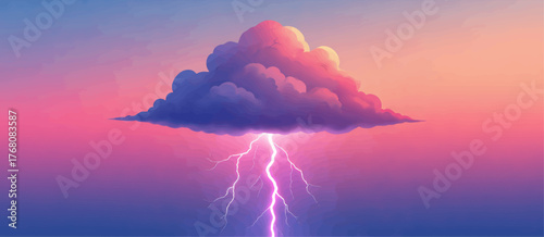 Colorful storm cloud with lightning bolt in gradient sky, vector illustration