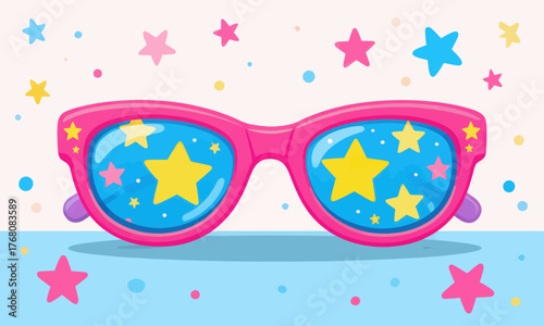 Colorful starry sunglasses with pink frames, playful cartoon design, isolated on pastel background