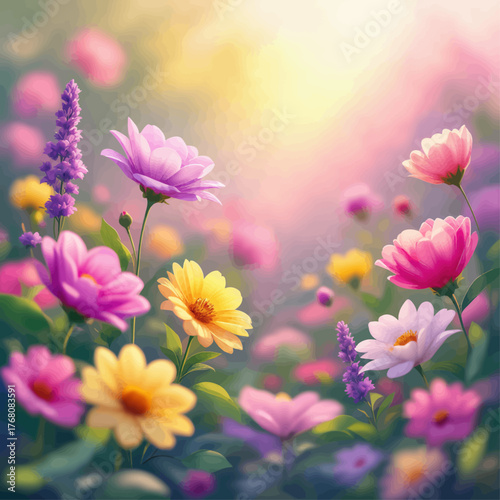 Colorful spring flowers bloom softly in pastel garden meadow scene