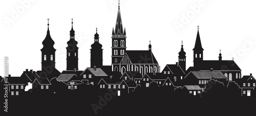 Historic European city skyline silhouette with church towers and old architecture, black vintage cityscape illustration for travel, culture, and design