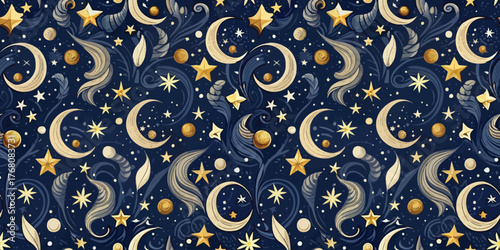 A whimsical pattern featuring golden stars, moons, and swirling leaves on a deep blue background.