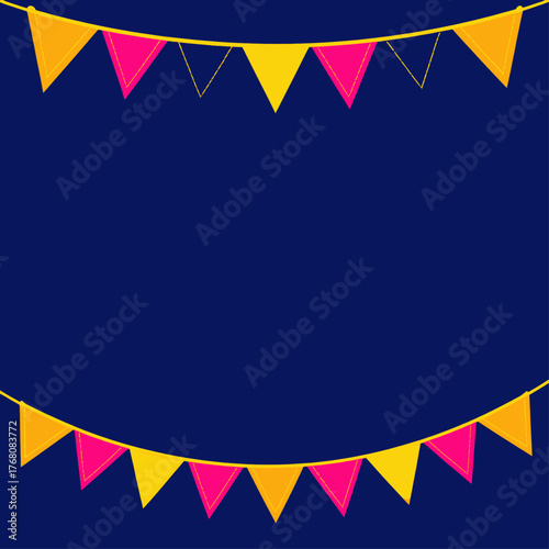 Colorful triangular bunting flags hanging against dark blue background
