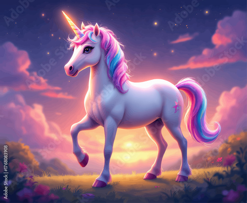 Colorful unicorn with rainbow mane standing in magical sunset field