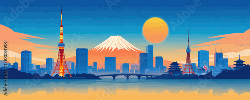 Colorful Tokyo skyline with Mount Fuji at sunset, flat vector illustration