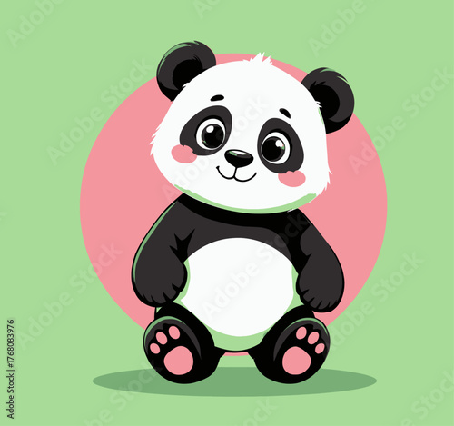 Cute cartoon panda with rosy cheeks sitting on green background isolated