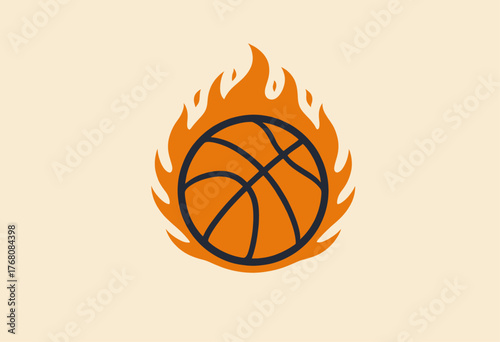 Flame basketball logo design, vibrant orange fireball graphic, minimalist sports emblem