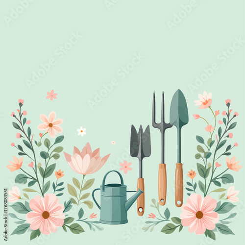 Garden tools with flowers, pastel floral garden design, flat vector illustration