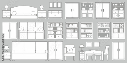 Collection of hand drawn line art furniture icons including sofas beds wardrobes bookshelves and desks