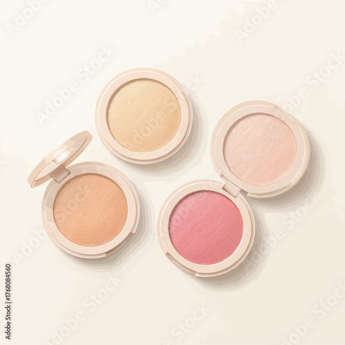 Four open makeup compacts with blush shades, minimalist design, soft tones, isolated on beige background