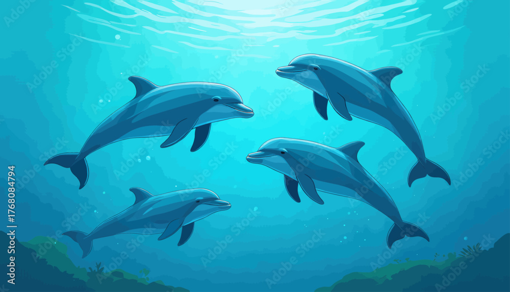 Obraz premium Four dolphins swimming underwater in a colorful vector illustration with ocean light