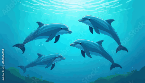 Four dolphins swimming underwater in a colorful vector illustration with ocean light
