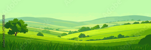 Green rolling hills landscape with trees, flat cartoon vector art, serene countryside scenery