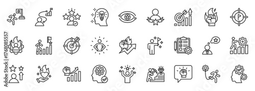 Ambition icon set collection outline. Icon pack contains ambition, goal, drive, focus, vision, success, motive, climb, energy, desire