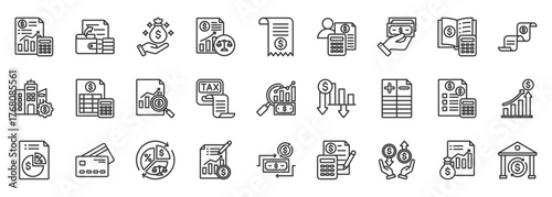 Accounting icon set collection outline. Icon pack contains accounting, balance, ledger, assets, invoice, receipt, payment, expense, revenue, loss