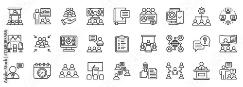 Conference icon set collection outline. Icon pack contains conference, meeting, seminar, workshop, audience, presentation, networking, discussion, agenda, session