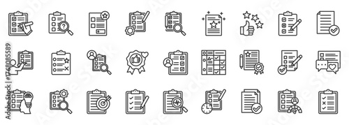 Assessment icon set collection outline. Icon pack contains assessment, evaluation, test, quiz, grade, score, mark, rating, review, analysis