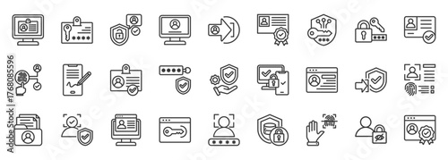 Digital identity icon set collection outline. Icon pack contains identity, profile, authentication, avatar, credential, login, password, username, verification, encryption