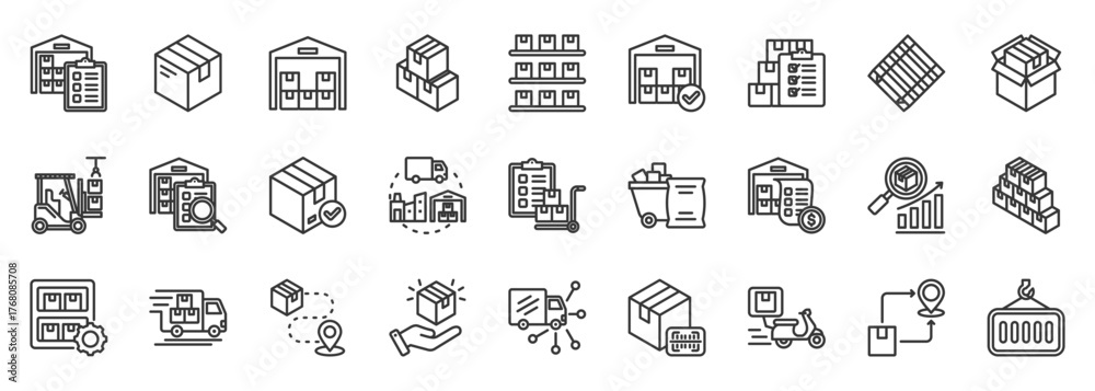 Fototapeta premium Warehouse inventory icon set collection outline. Icon pack contains warehouse, inventory, stock, supply, storage, shelf, pallet, box, package, item