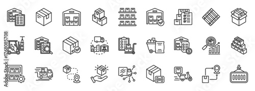Warehouse inventory icon set collection outline. Icon pack contains warehouse, inventory, stock, supply, storage, shelf, pallet, box, package, item