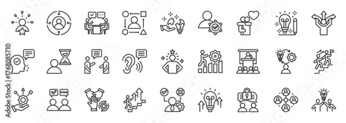 Soft skills icon set collection outline. Icon pack contains communication, teamwork, leadership, creativity, problem-solving, adaptability, empathy, negotiation, collaboration, and resilience