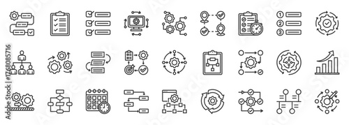Workflow icon set collection outline. Icon pack contains workflow, process, task, step, action, sequence, order, system, cycle, automation