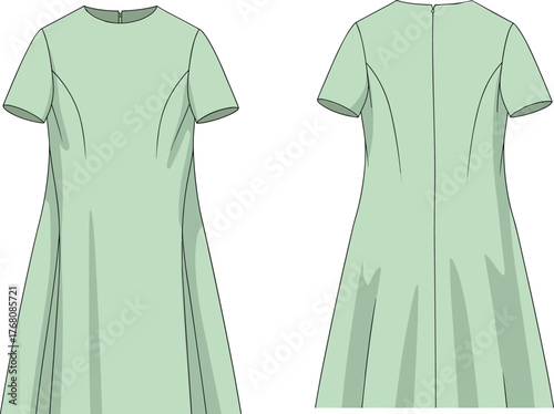 A-line dress, short sleeve, princess seam, front and back view, fashion sketch, cad drawing flat vector illustration, garment design