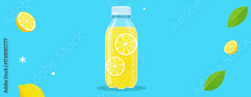 Lemonade bottle with slices, vibrant summer drink, minimalist design, floating fruit elements