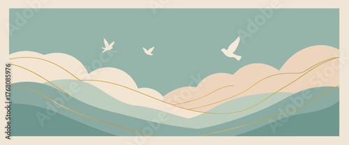 Minimalist birds flying over layered hills landscape design, soft pastel tones