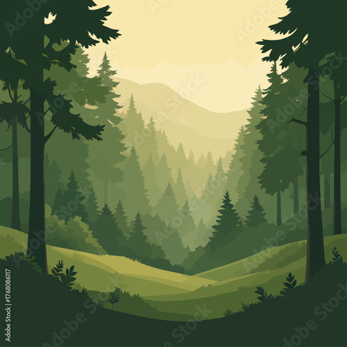 Misty forest landscape with pine trees and rolling hills in flat vector style