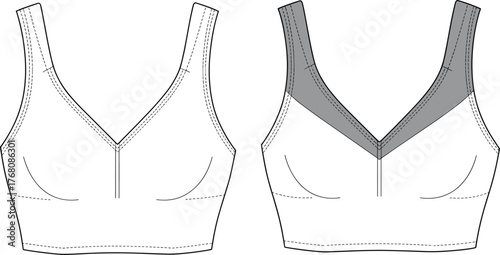 Bra front view technical sketch, seam detail, fabric panel variation, lingerie design comparison, cad drawing flat vector illustration, fashion template