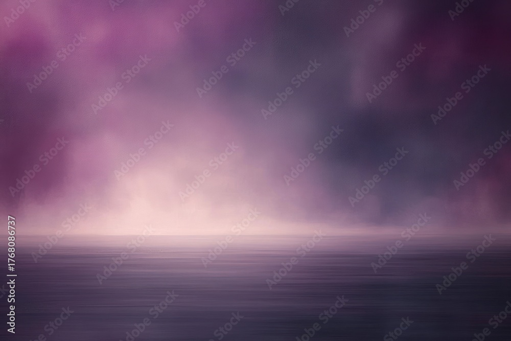 Naklejka premium Calm body of water under a dramatic purple and pink cloudy sky creating a serene and mystical atmosphere