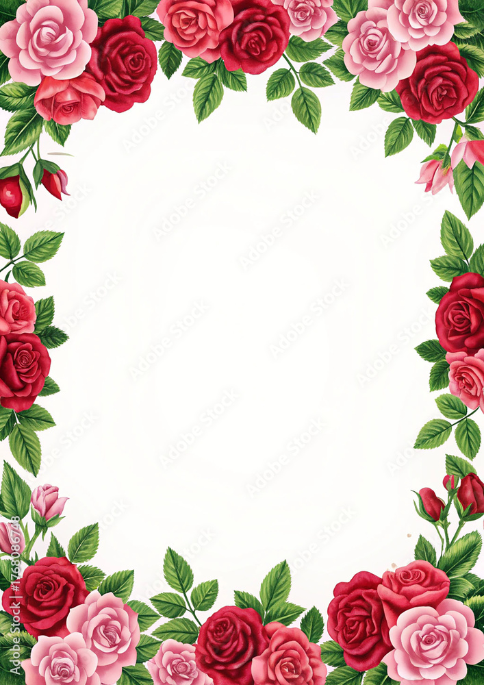 Fototapeta premium Romantic Red and Pink Rose Floral Border Frame Template
