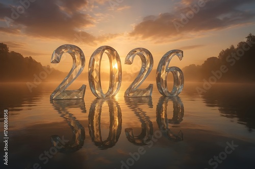 Crystal 2026 numbers lake sunrise reflection, futuristic nature city tree technology fusion, glowing forest light bulb magic fireflies, golden balloon sky celebration clouds, fantasy concept art 8K