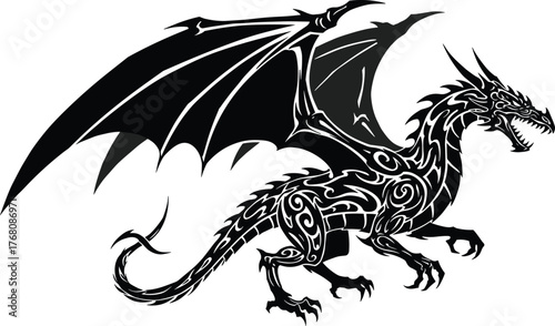 Tribal dragon silhouette with wings, fierce mythical creature vector illustration, fantasy tattoo design, gothic art, powerful beast artwork